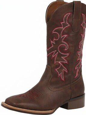 Women's Dark Brown Faux Leather Cowgirl Boots Femme Square Mid Calf Brown Boots